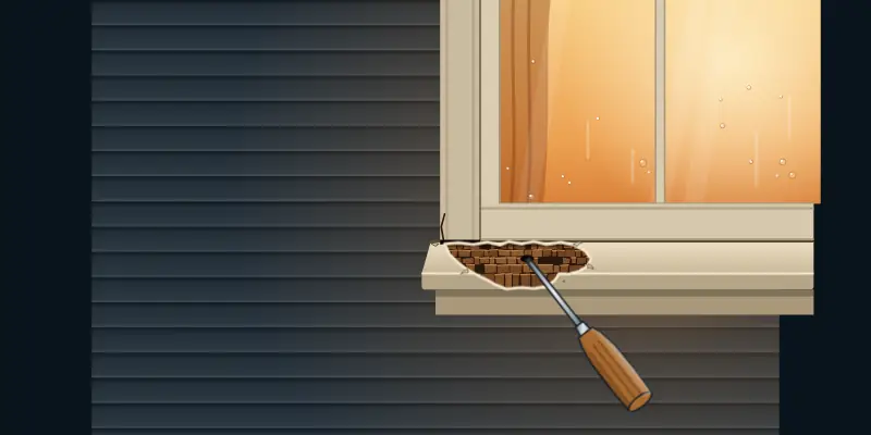 A screwdriver sunk into a rotted window sill, the wood brown and cracked into cubes