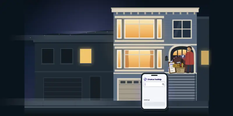 A homeowner on the front steps of a San Francisco flat checking a handyman's license on a phone