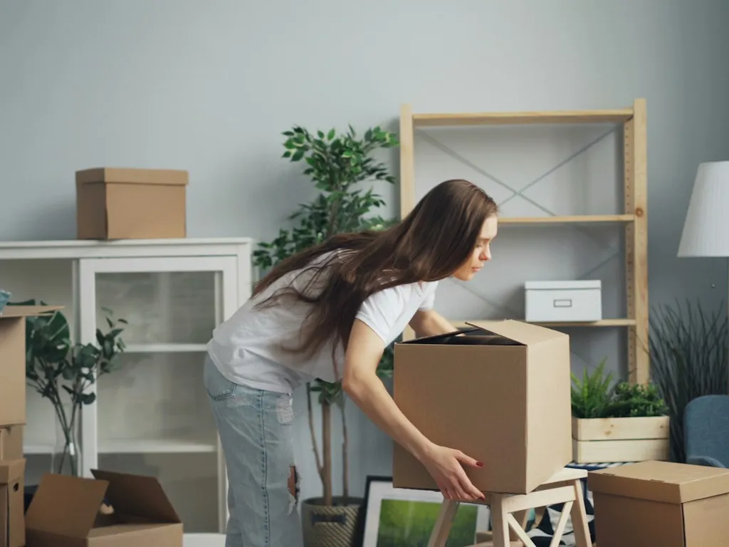 Woman lifting a cardboard moving box in a living room full of packed boxes