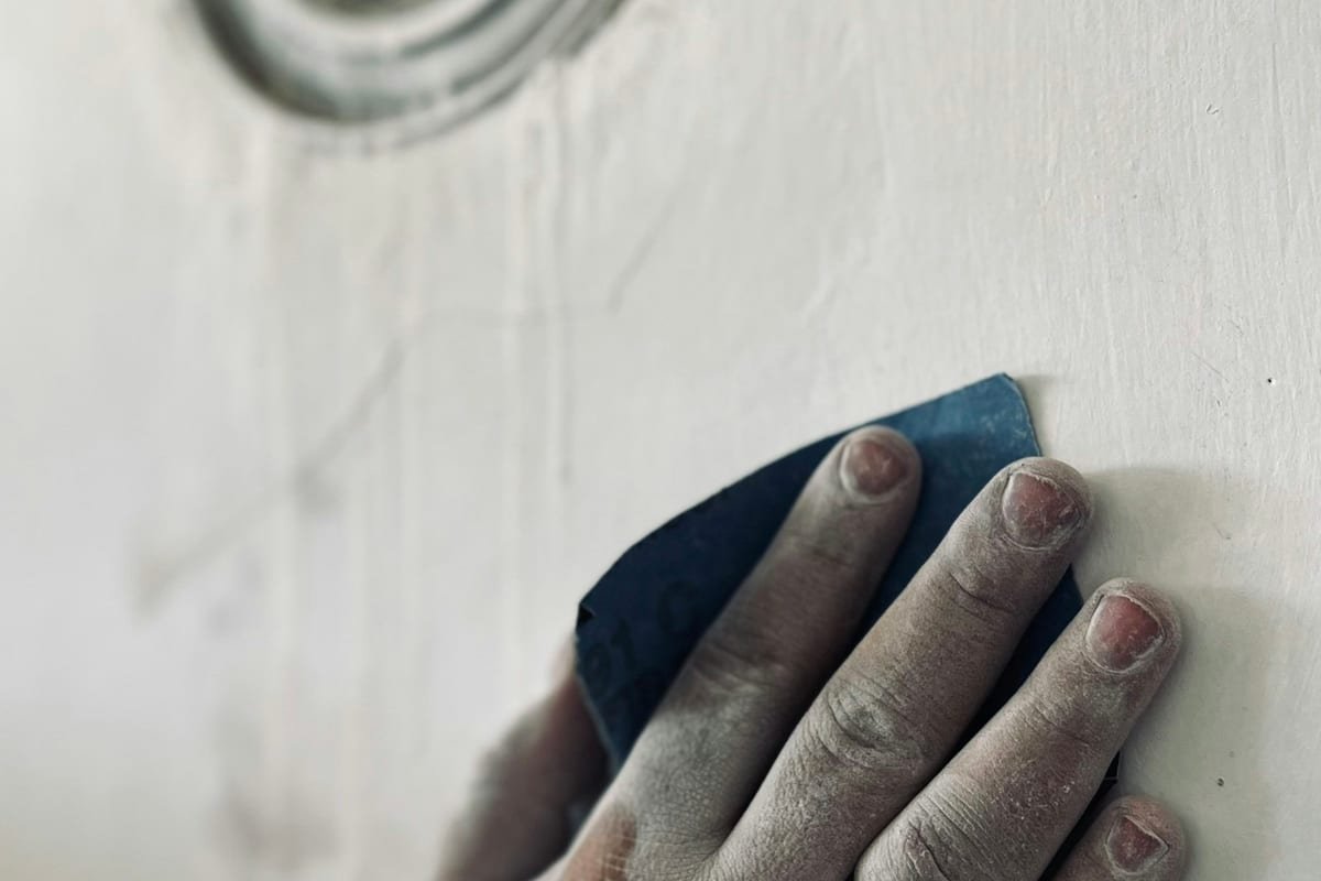 Hand sanding a white plaster wall smooth with a sanding sponge