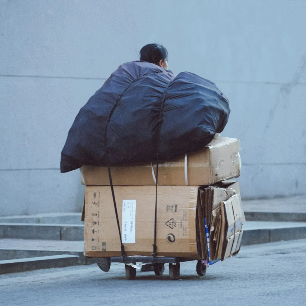 Person pushing a hand truck stacked with cardboard moving boxes and bags