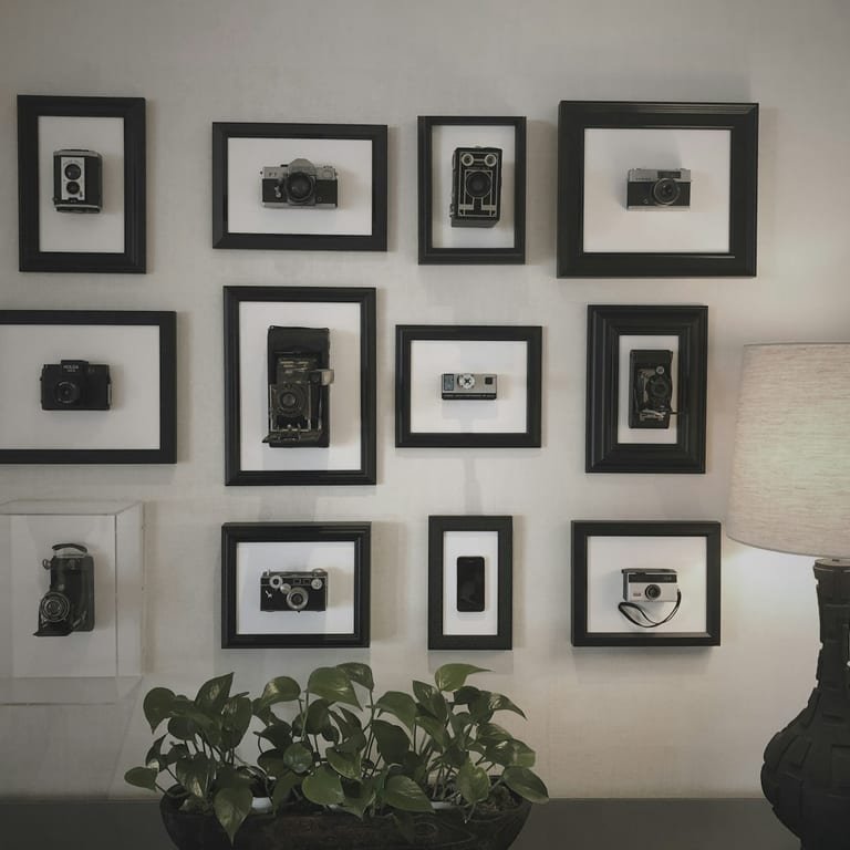 Black-framed photos hung in a neat grid above a table lamp and plant