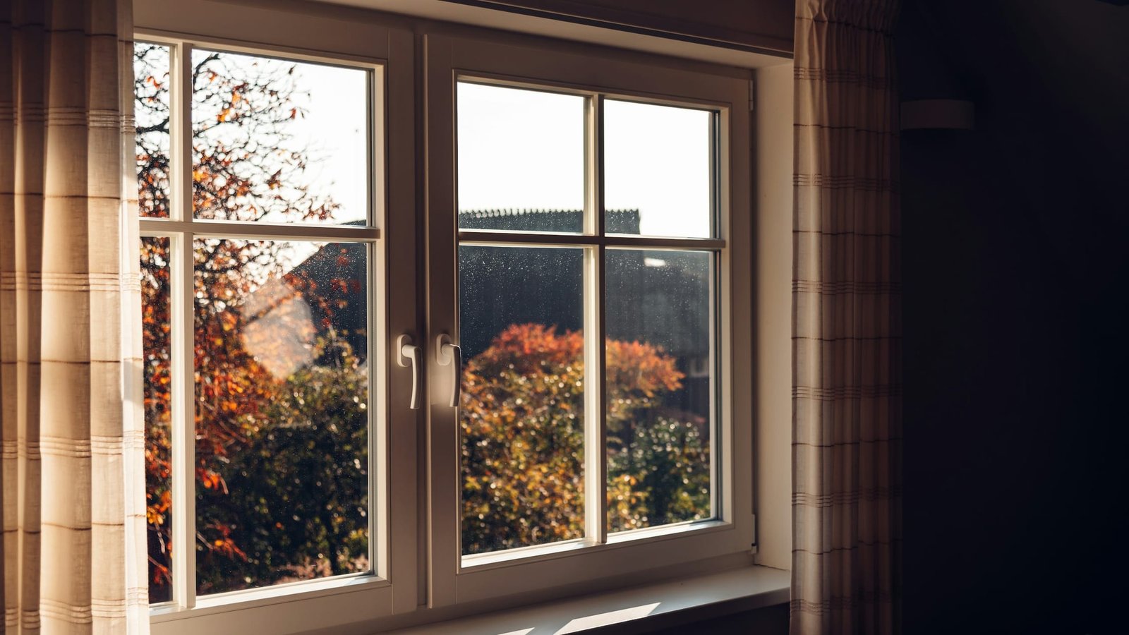 Closed double-glazed window in a warm room with autumn trees outside