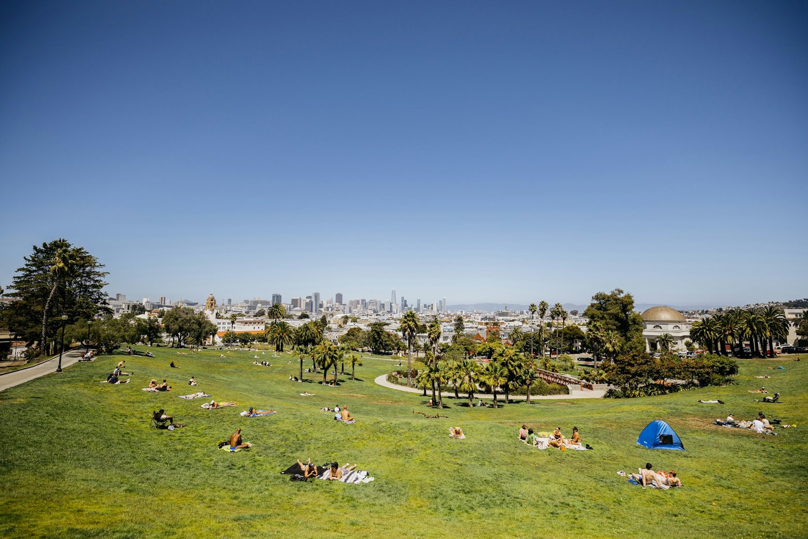 Sunny afternoon in Mission Dolores Park with the downtown San Francisco skyline behind it