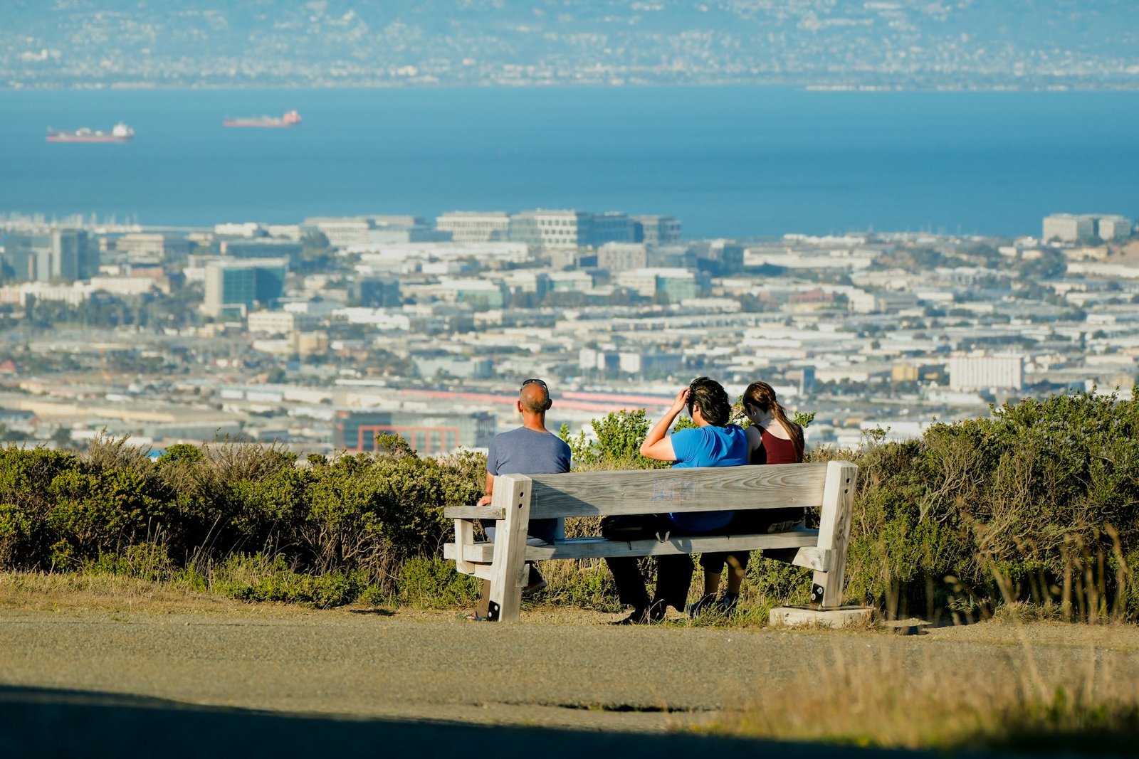 Two people on a bench overlooking the Bay from a hill in San Bruno, California